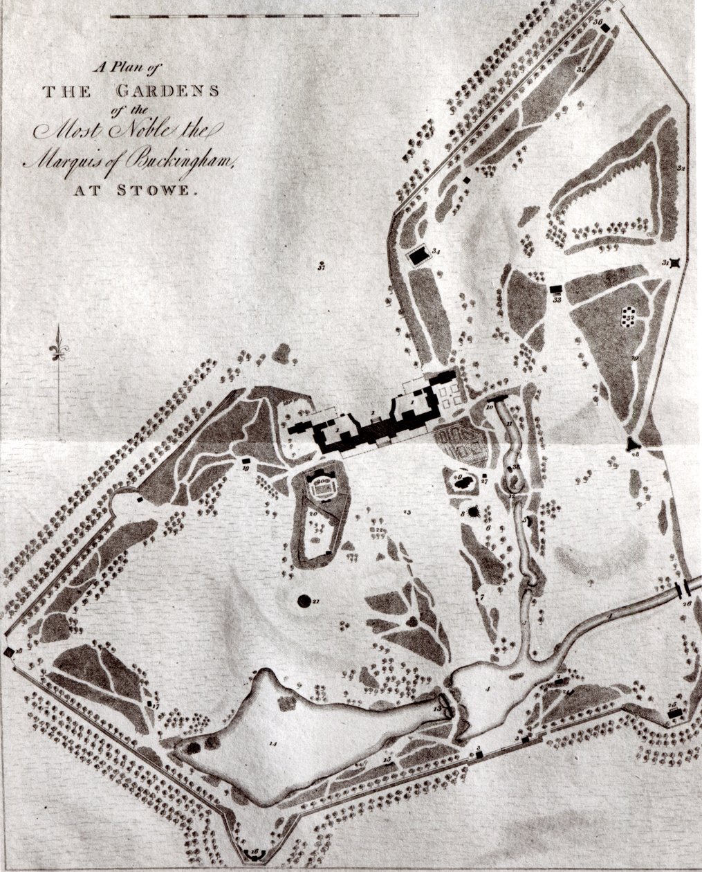 Plan ogrodów najszlachetniejszego markiza Buckingham w Stowe, z Przewodnika dla odwiedzających, opublikowanego w 1797 (patrz 140582 dla wcześniejszego planu Charlesa Bridgemana) autorstwa English School