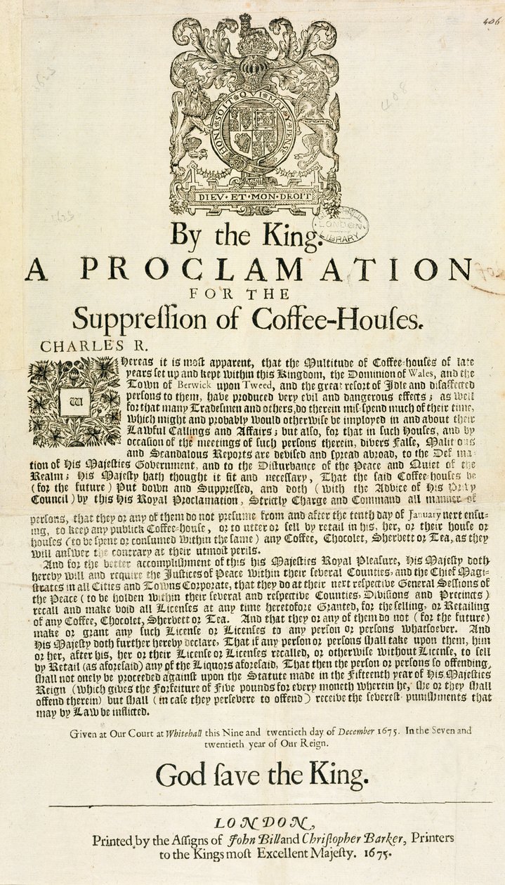 Proklamacja króla o zniesieniu kawiarni, 1675 autorstwa English School