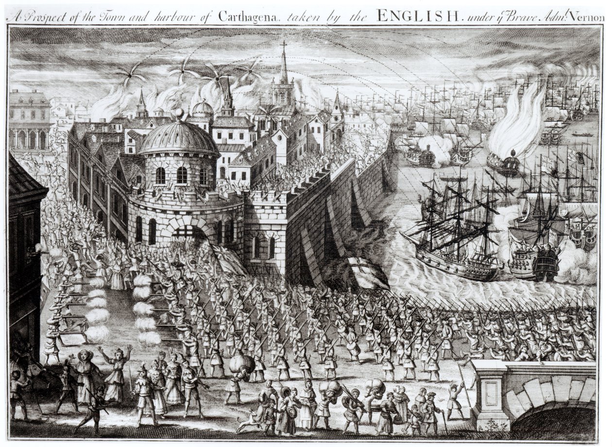 Perspektywa miasta i portu Kartageny, podjęta przez Anglików pod dowództwem dzielnego admirała Vernona, 1741 autorstwa English School