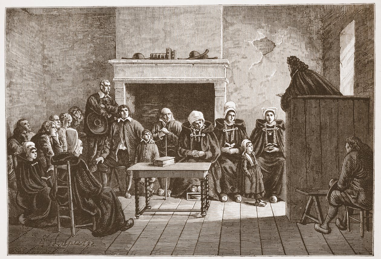 Pastor protestancki przemawiający na tajnym zgromadzeniu hugenotów, ilustracja z Historii protestantyzmu Jamesa Aitkena Wylie (1808-1890), wyd. 1878 autorstwa English School
