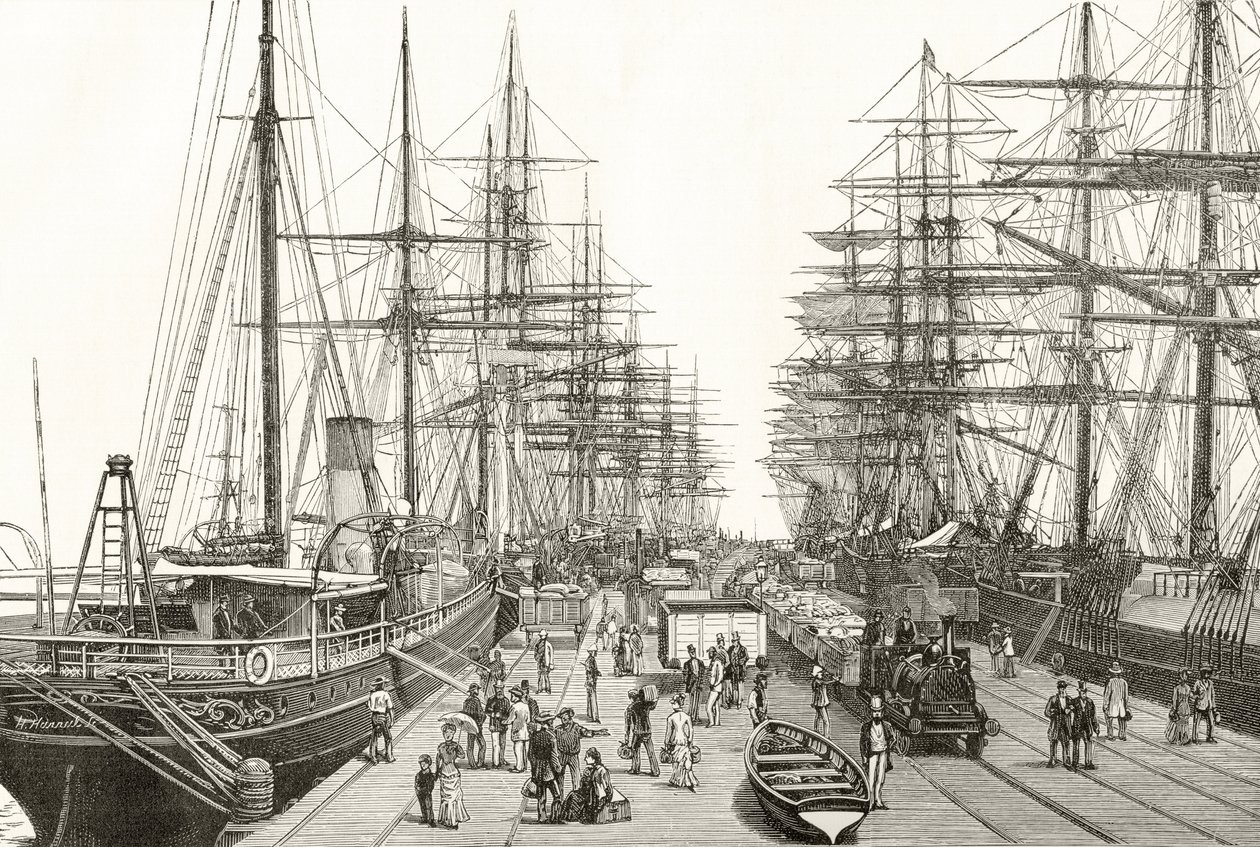 A Railway Pier in Melbourne, z „Australian Pictures” Howarda Willoughby’ego, opublikowane przez religijne Towarzystwo Traktu, Londyn, 1886 autorstwa English School