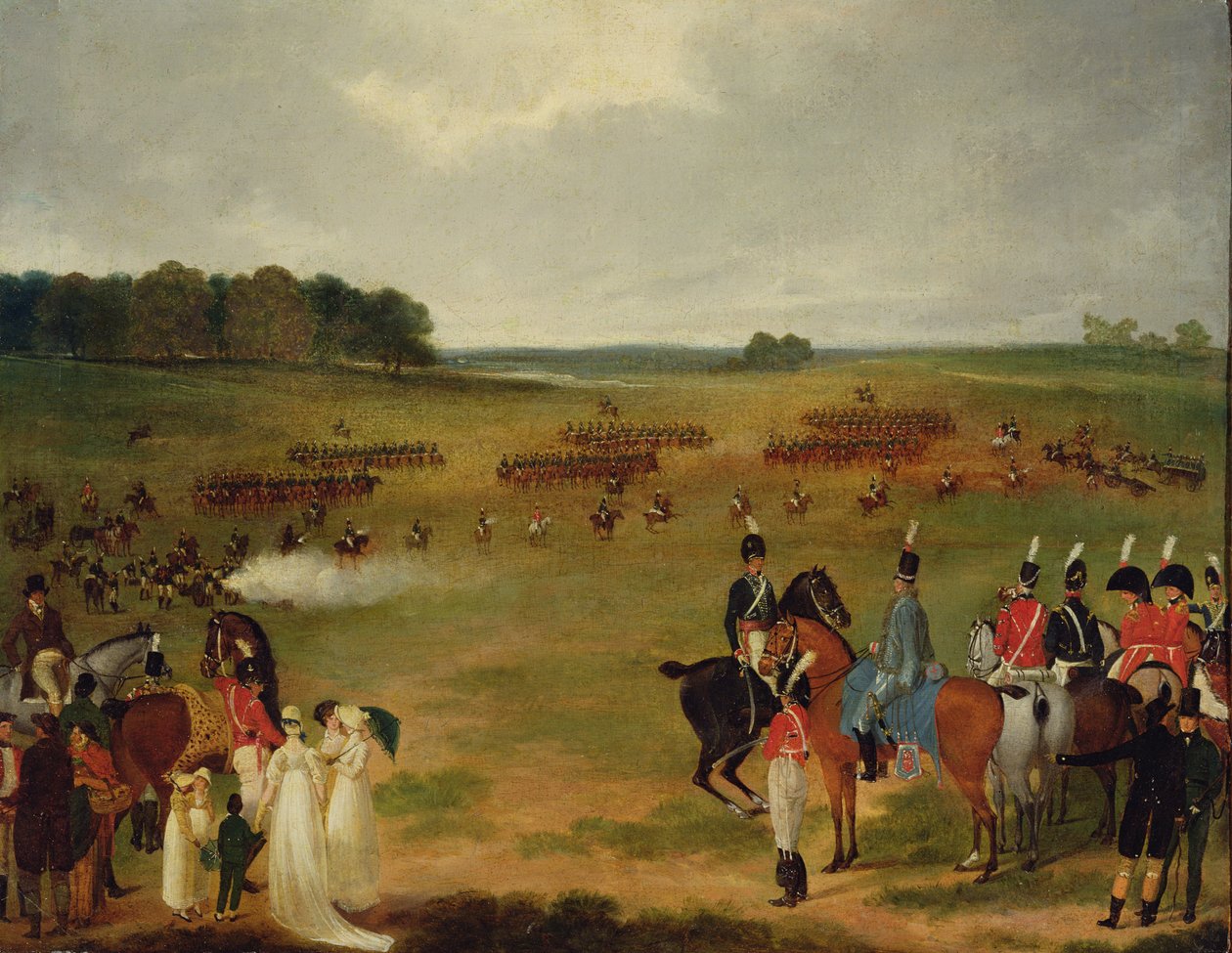 Przegląd londyńskiej kawalerii ochotniczej i artylerii latającej w Hyde Parku w 1804 r., ok. 1804 r. (olej na pokładzie ułożony na panelu) autorstwa English School