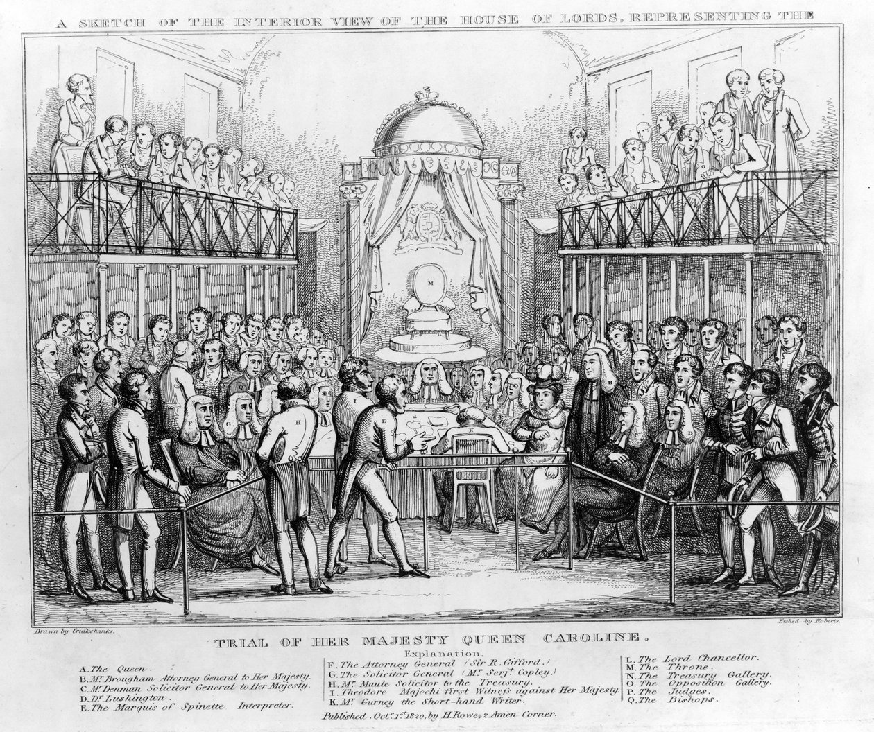 Szkic wnętrza Izby Lordów przedstawiający proces Jej Królewskiej Mości Królowej Karoliny, wyd. 1820 (czarno-biały grawer) autorstwa English School