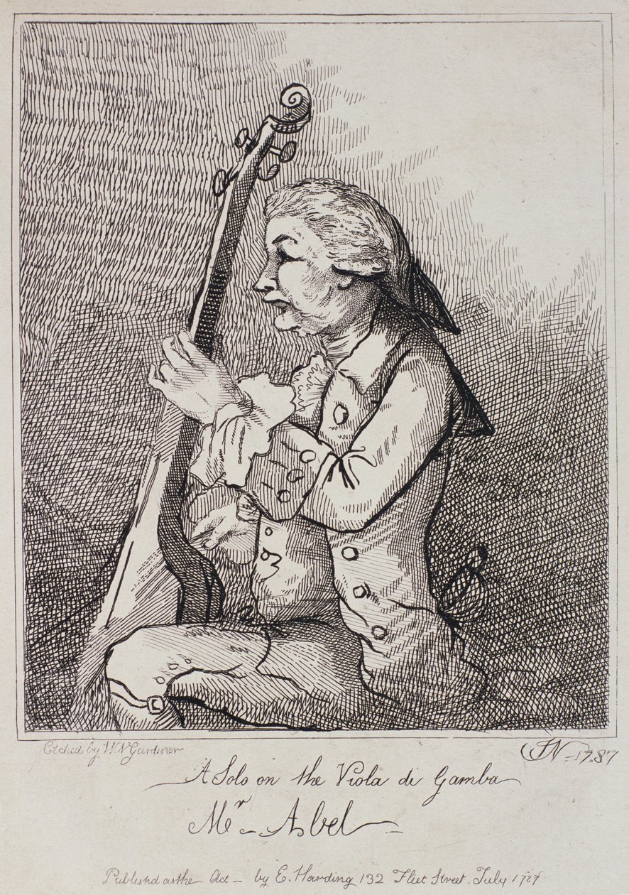 Solo na Violi da Gamba, Carl Friedrich Abel (1723-87) rytowane przez Williama Nelsona Gardinera (1766-1814) 1787 autorstwa English School