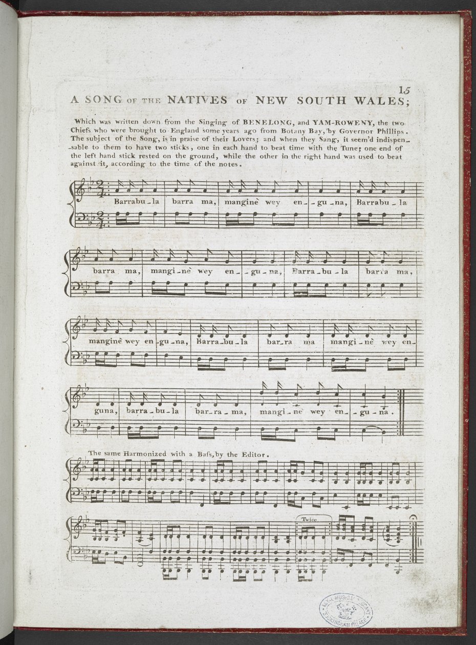 „Pieśń tubylców Nowej Południowej Walii”, z „Muzyczne ciekawostki; lub wybór najbardziej charakterystycznych pieśni i pieśni narodowych…”, Edward Jones 1811 (lito) autorstwa English School