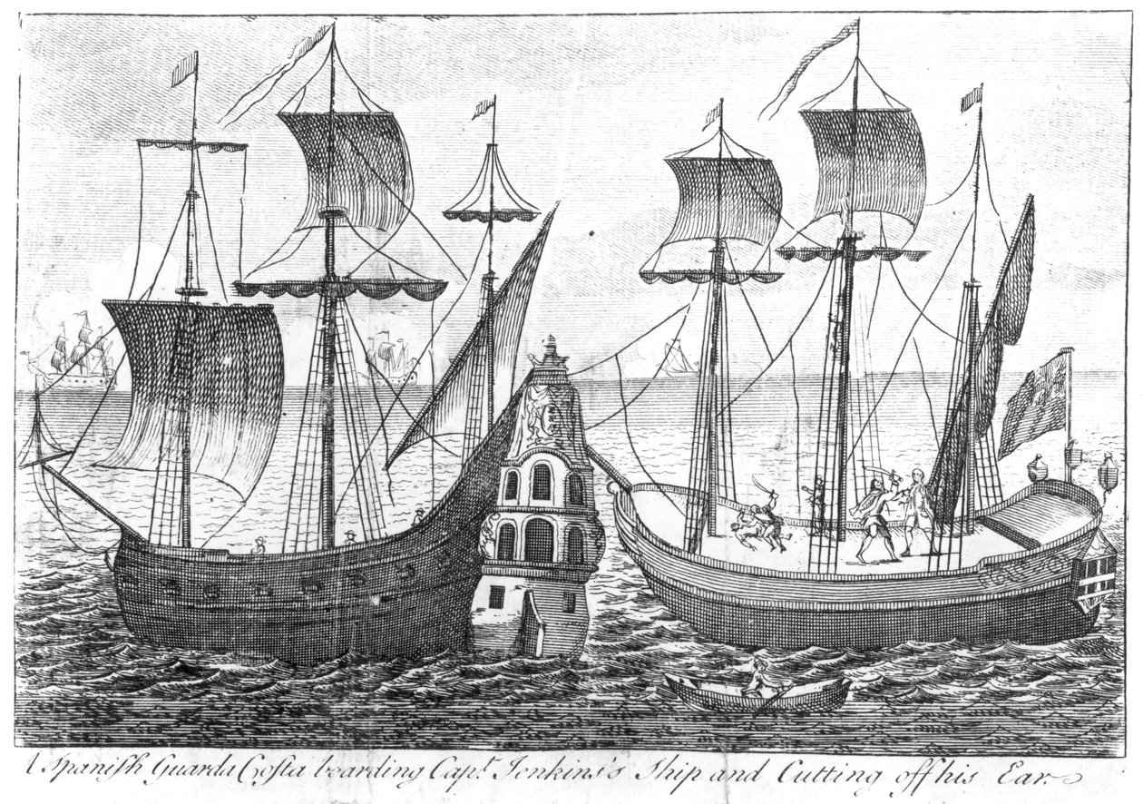 Hiszpański „Guarda Costa” (straż przybrzeżna) wchodzi na pokład statku kapitana Jenkinsa i odcina mu ucho, 1731 autorstwa English School