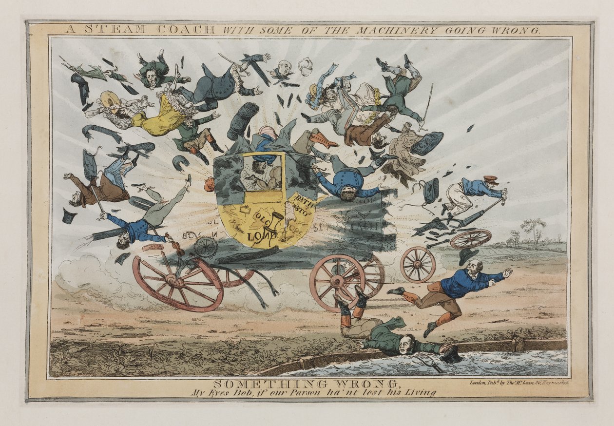 Wagon parowy z niektórymi maszynami działającymi nieprawidłowo, ok. 1825 r. autorstwa English School