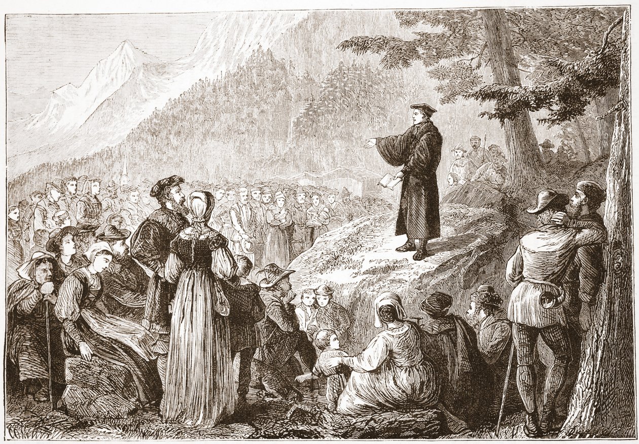 Szwajcarski reformator głoszący kazania do swojej trzody na otwartym polu, ilustracja z Historii protestantyzmu Jamesa Aitkena Wylie (1808-1890), wyd. 1878 autorstwa English School