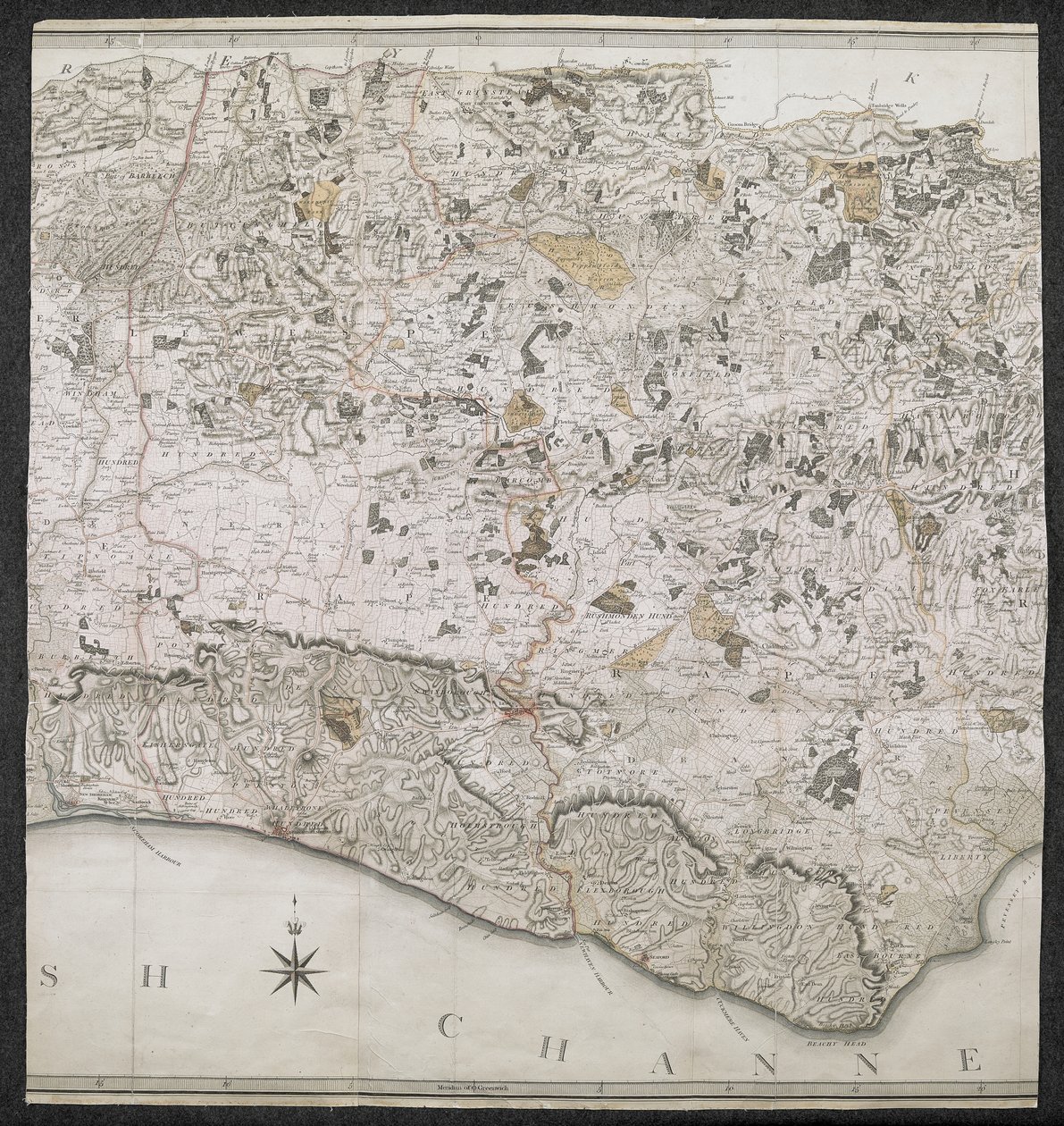 Mapa topograficzna hrabstwa Sussex z podziałem na gwałty, dziekanaty i setki. Planowane od rzeczywistego badania w skali od jednego cala do mili statutowej autorstwa English School