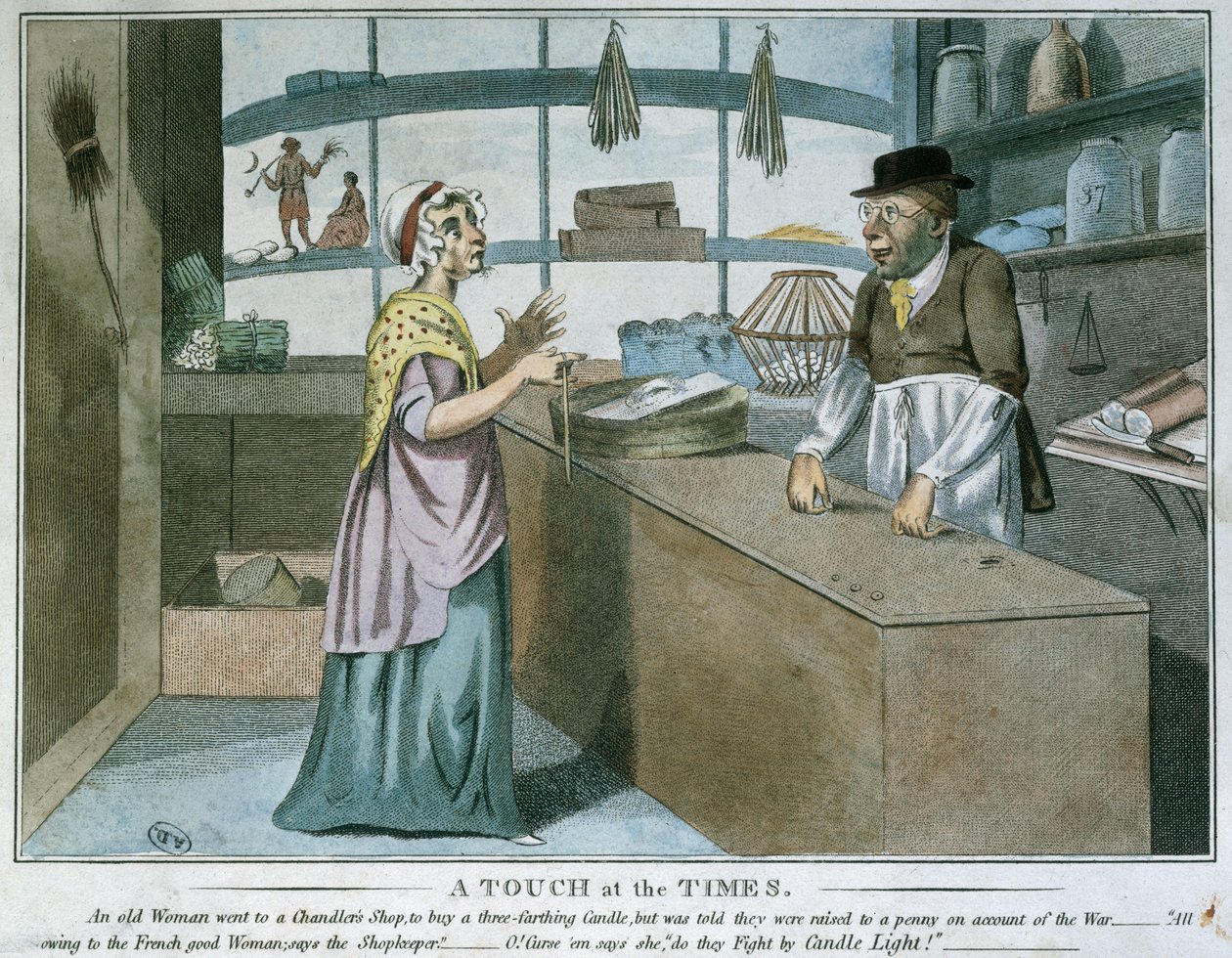 Dotyk czasu, karykatura francuskiej blokady, marzec 1805 autorstwa English School