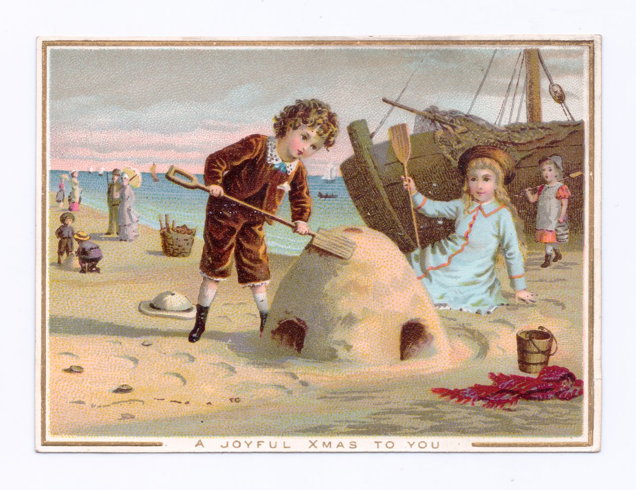 Wiktoriańska kartka świąteczna przedstawiająca chłopca budującego zamek z piasku na plaży, ok. 1880 (litografia kolorowa) autorstwa English School