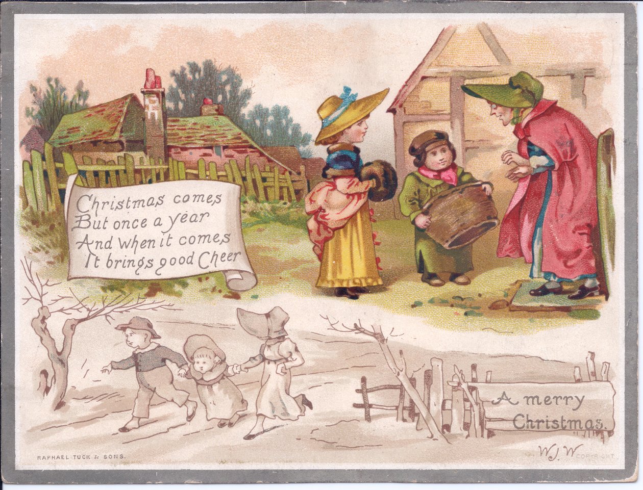 Wiktoriańska kartka świąteczna przedstawiająca starszą kobietę z dwójką dzieci na farmie, ok. 1880 r. (kolor lito) autorstwa English School