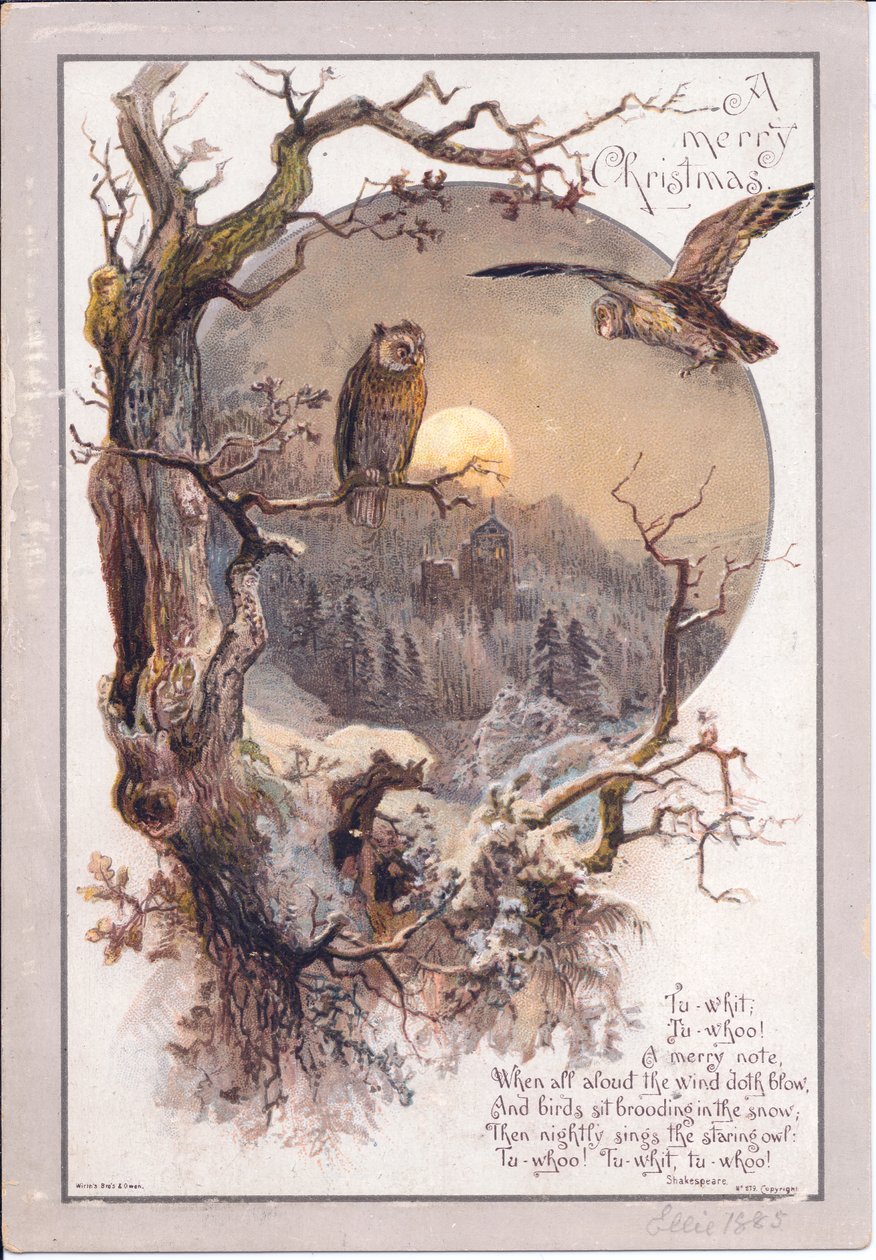 Wiktoriańska kartka bożonarodzeniowa przedstawiająca sową siedzącą na gałęzi w księżycową noc, ok. 1880 r. (kolor lito) autorstwa English School