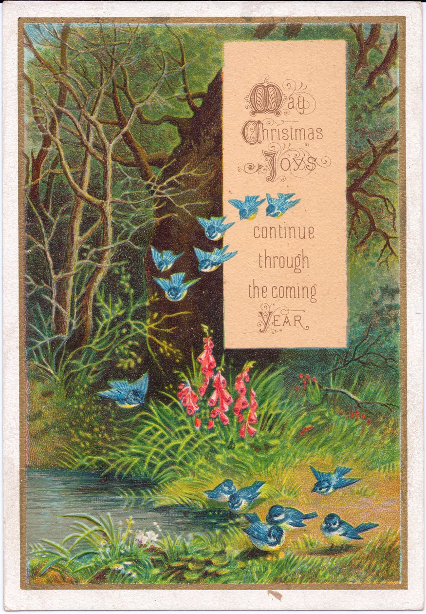 Wiktoriańska kartka bożonarodzeniowa przedstawiająca niebieskie ptaki w leśnej scenerii, ok. 1880 r. (kolor lito) autorstwa English School