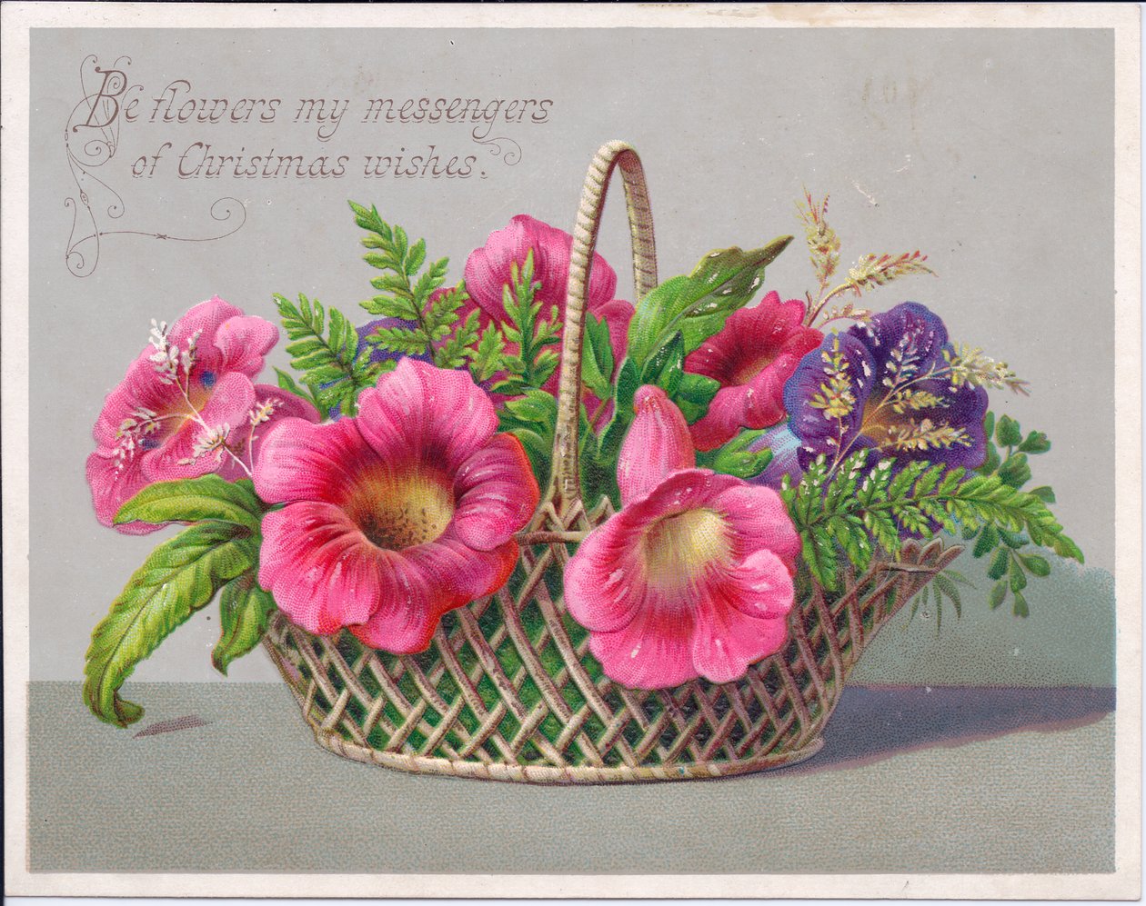 Wiktoriańska kartka bożonarodzeniowa z kwiatami w wiklinowym koszu, ok. 1880 (kolor lito) autorstwa English School