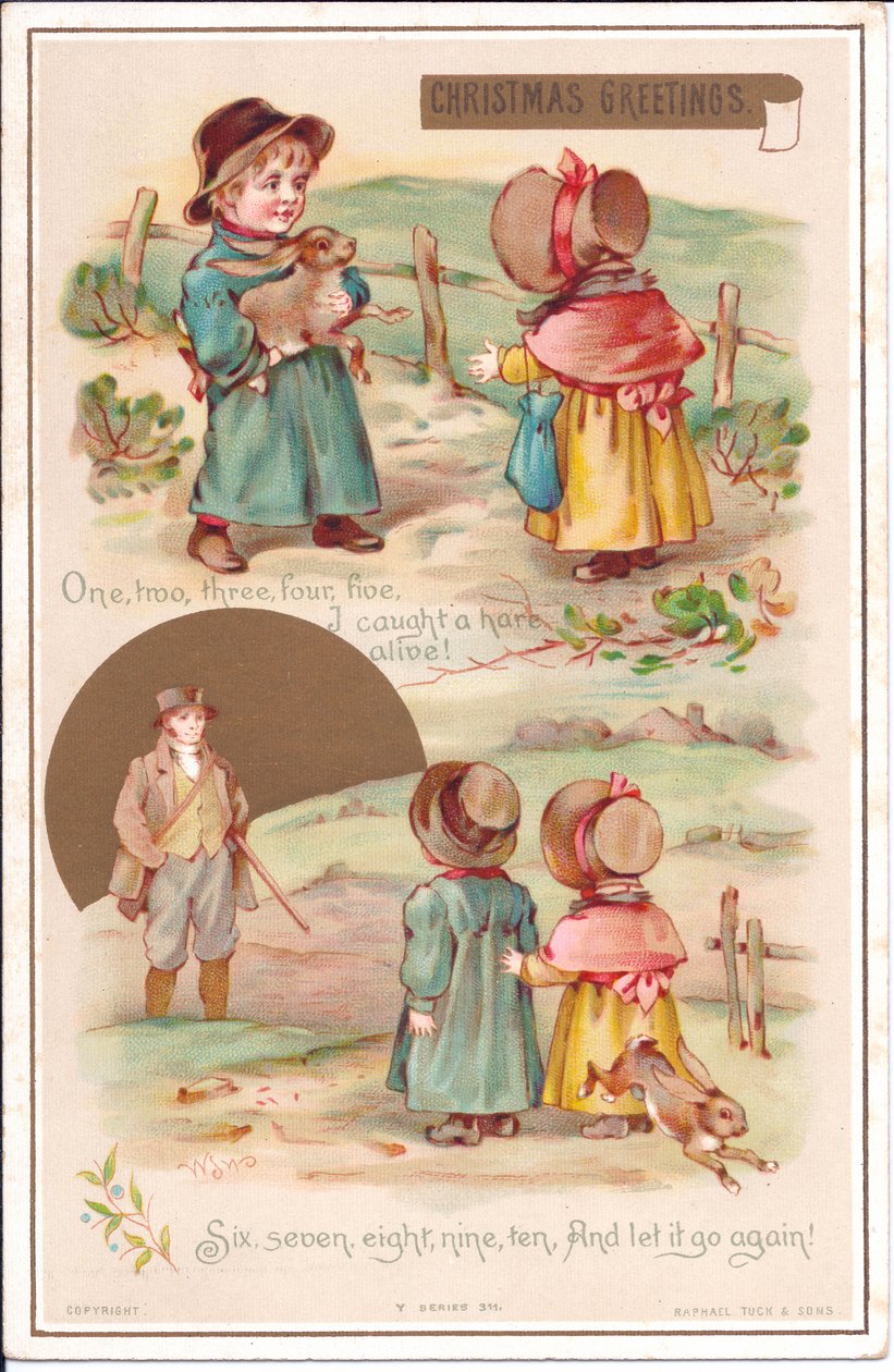 Wiktoriańska kartka świąteczna przedstawiająca dwójkę dzieci z zającem, ok.1880 r. (kolor lito) autorstwa English School