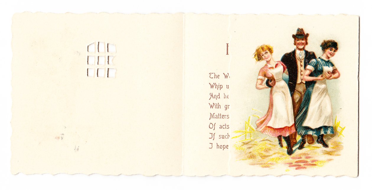 Wiktoriańska kartka z życzeniami dżentelmena z dwiema pokojówkami, ok. 1880 r. autorstwa English School