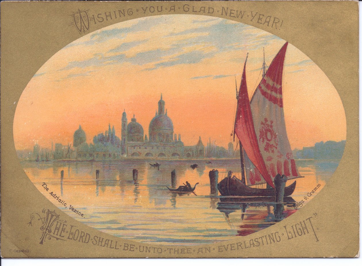 Wiktoriańska kartka noworoczna przedstawiająca łódź i gondole na Adriatyku, Wenecja, ok. 1880 r. (kolorowa litografia) autorstwa English School
