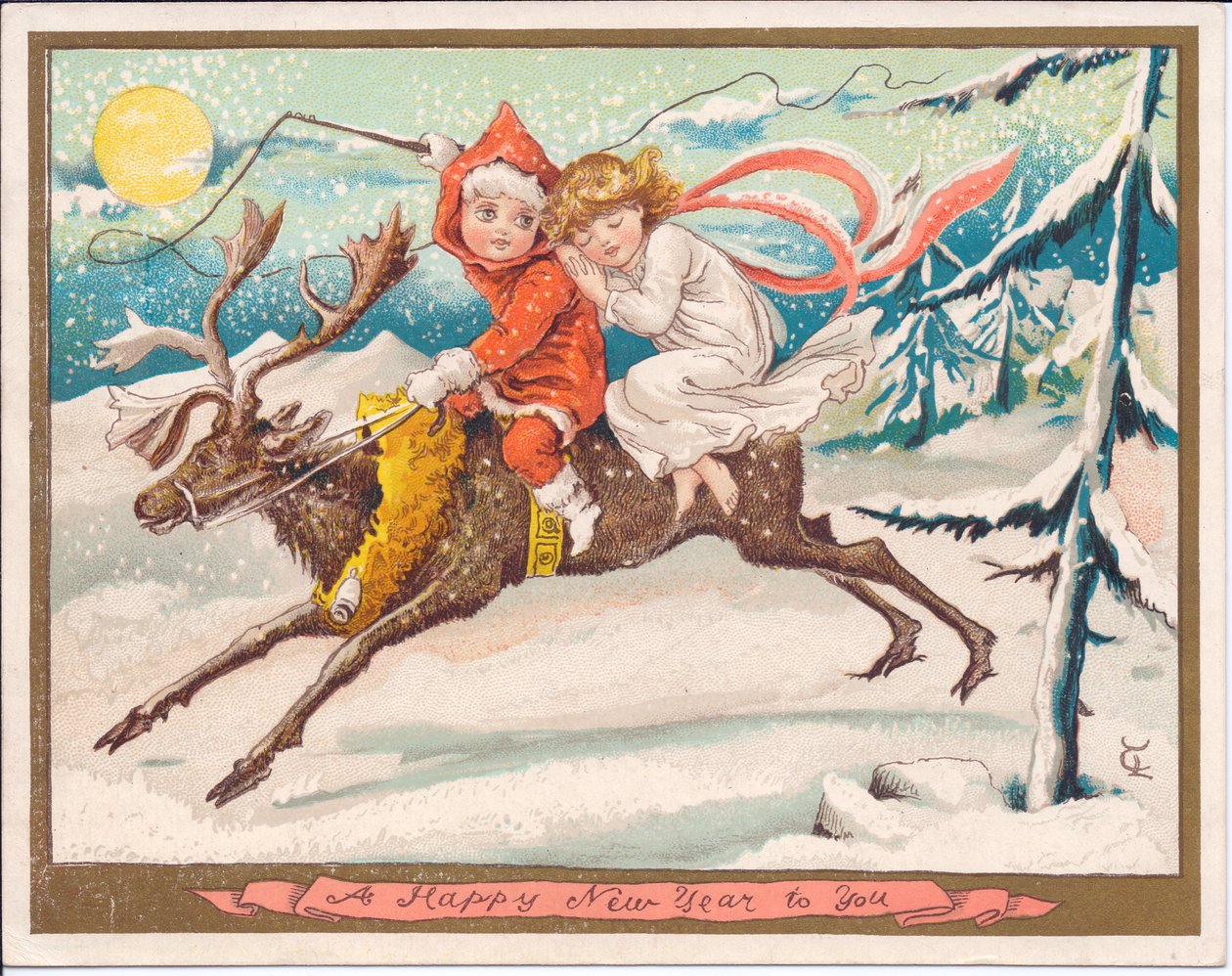 Wiktoriańska kartka noworoczna przedstawiająca dziewczynkę i chłopca na reniferze w księżycową, śnieżną noc, ok. 1880 r. (kolor lito) autorstwa English School