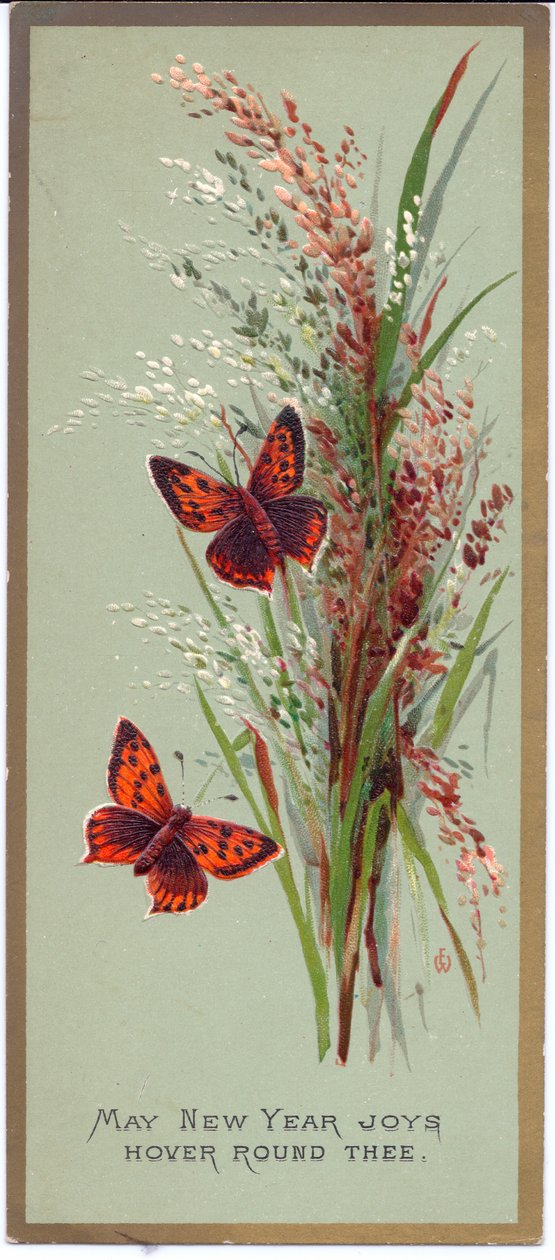 Wiktoriańska kartka noworoczna przedstawiająca dwa motyle wśród wysokich traw, ok. 1880 r autorstwa English School