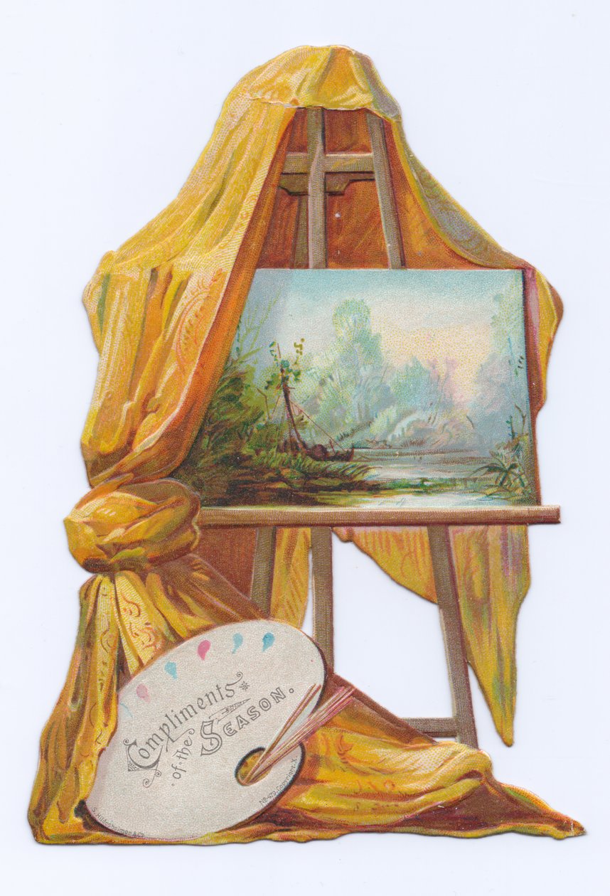 Wiktoriańska wycinana karta przedstawiająca obraz na sztaludze z zasłoną, ok. 1880 r. (litografia barwna) autorstwa English School