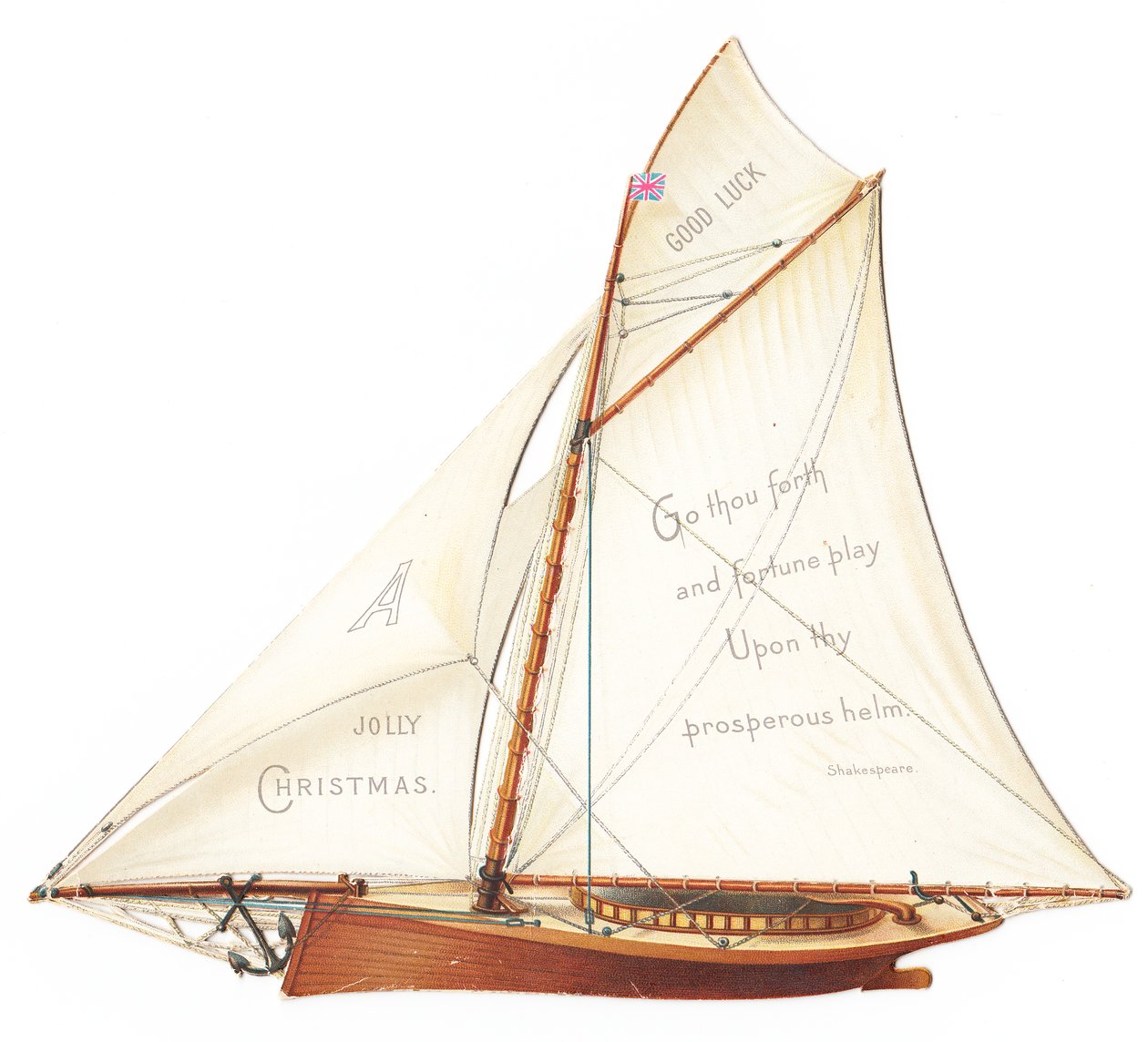 Wiktoriańska trójwymiarowa kartka świąteczna z żaglówką, ok. 1880 r. (kolorowa litografia) autorstwa English School