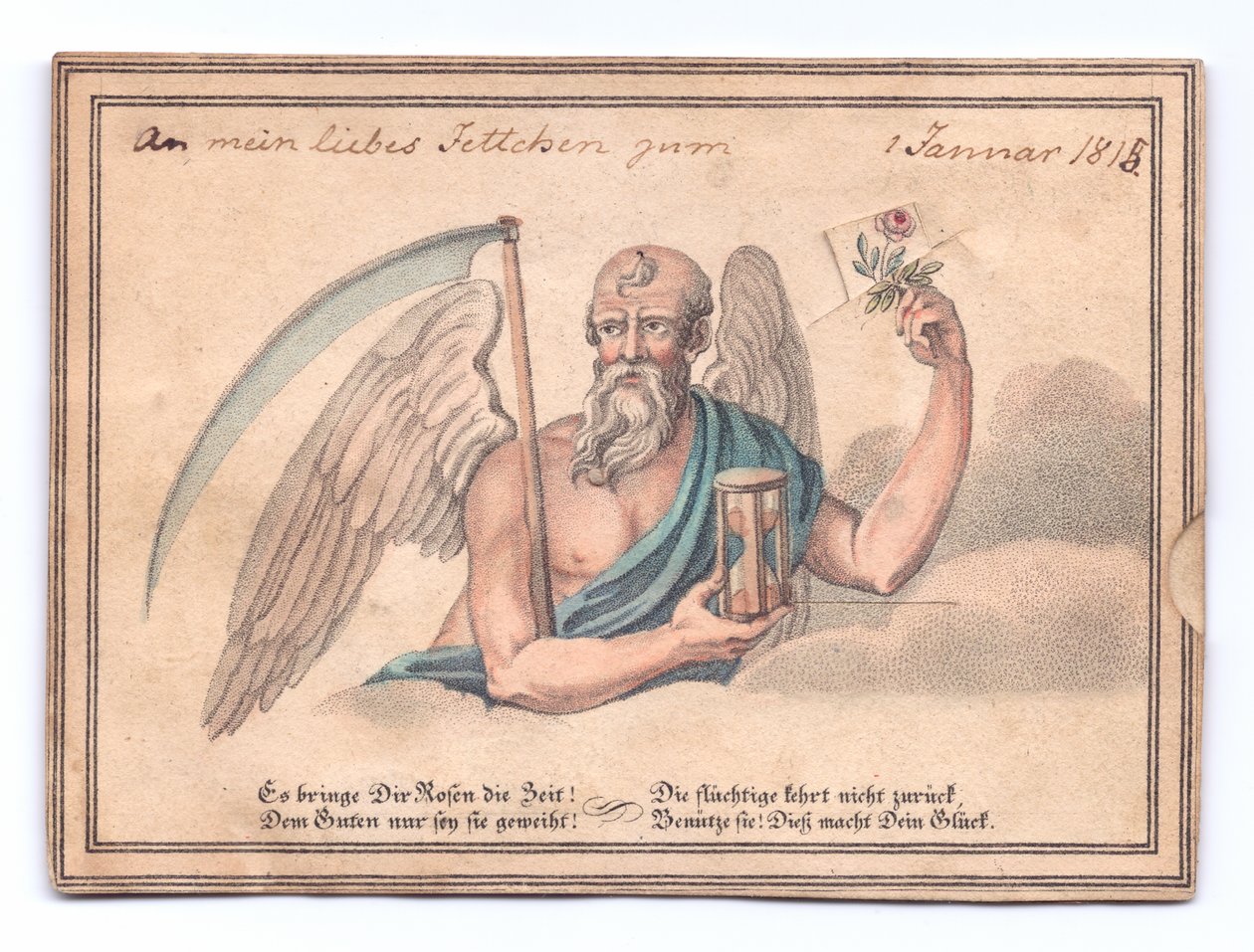 Wiktoriańska kartka z życzeniami ponurego żniwiarza z kosą i klepsydrą trzymającą różę, ok. 1815 (kolor lito) autorstwa English School