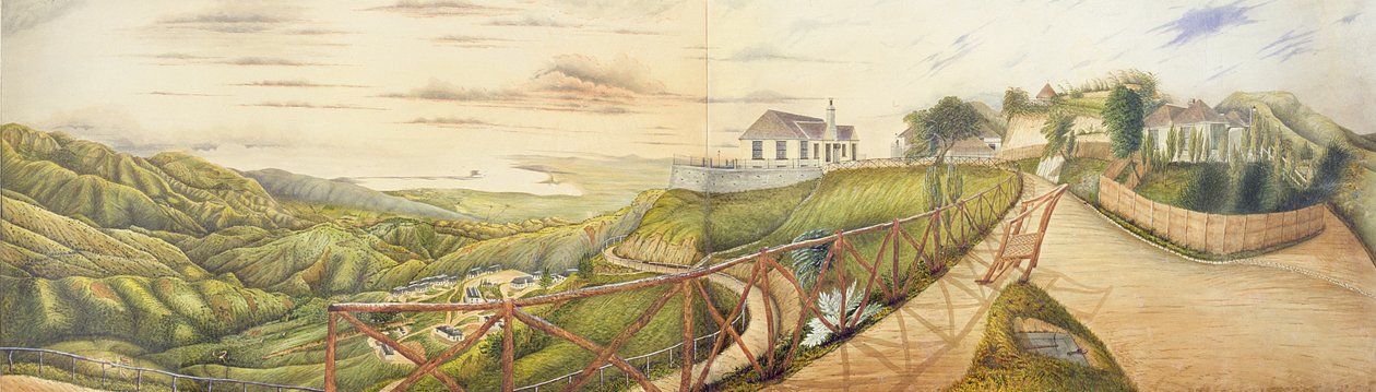Widok na Kingston z Sanatorium Wojskowego w Newcastle, Góry Błękitne, Jamajka, 1855 (toaleta i gwasz na papierze ułożonym na płótnie) autorstwa English School