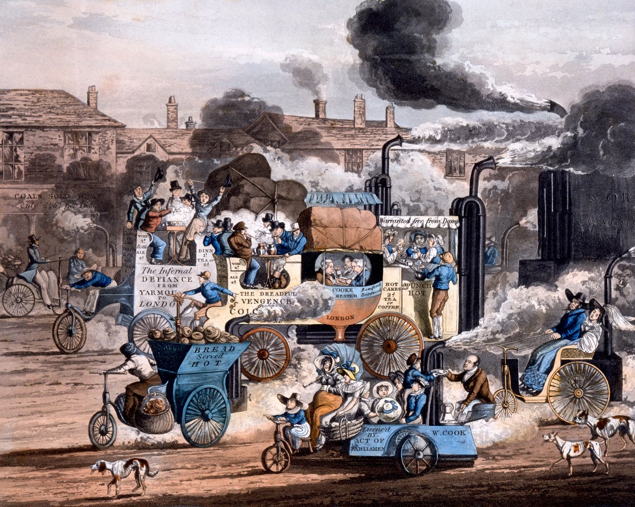 A View in White Chapel Road 1830, z The Progress of Steam - Aikens Illustration of Modern Prophecy 1828 (akwatinta ręcznie kolorowana) autorstwa English School