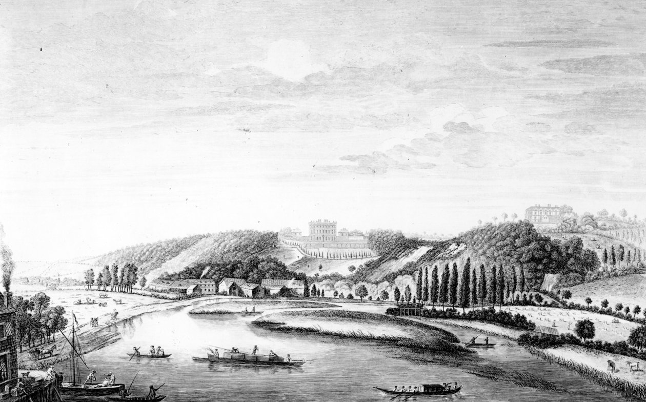 Widok Cliveden House zaczerpnięty z mostu Maidenhead, ok. 1780 autorstwa English School
