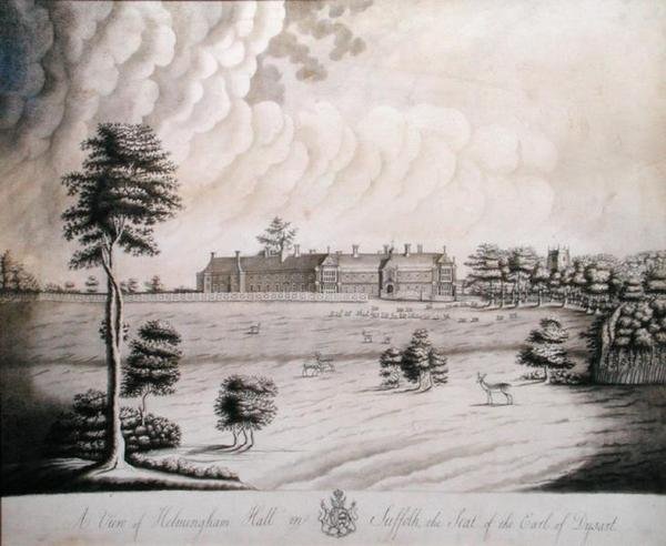 Widok Helmingham Hall w Suffolk, siedziby hrabiego Dysart (tusz i szare pranie na papierze) autorstwa English School