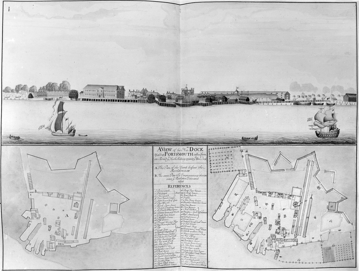 Widok stoczni Jego Królewskiej Mości w Portsmouth zaczerpnięty z przeciwległego New Dock, 1698 autorstwa English School