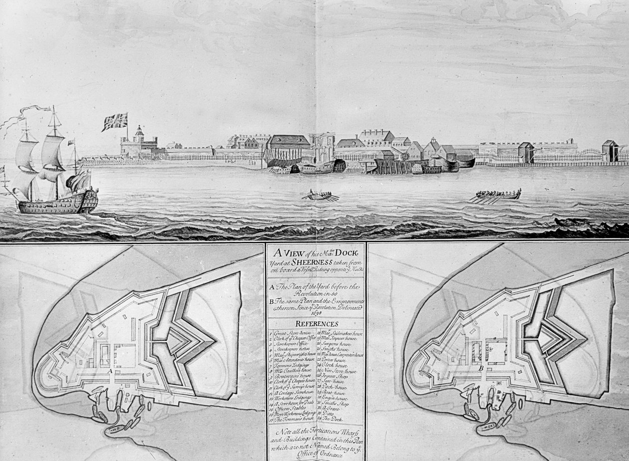 Widok Stoczni Jego Królewskiej Mości w Sheerness, 1698 autorstwa English School