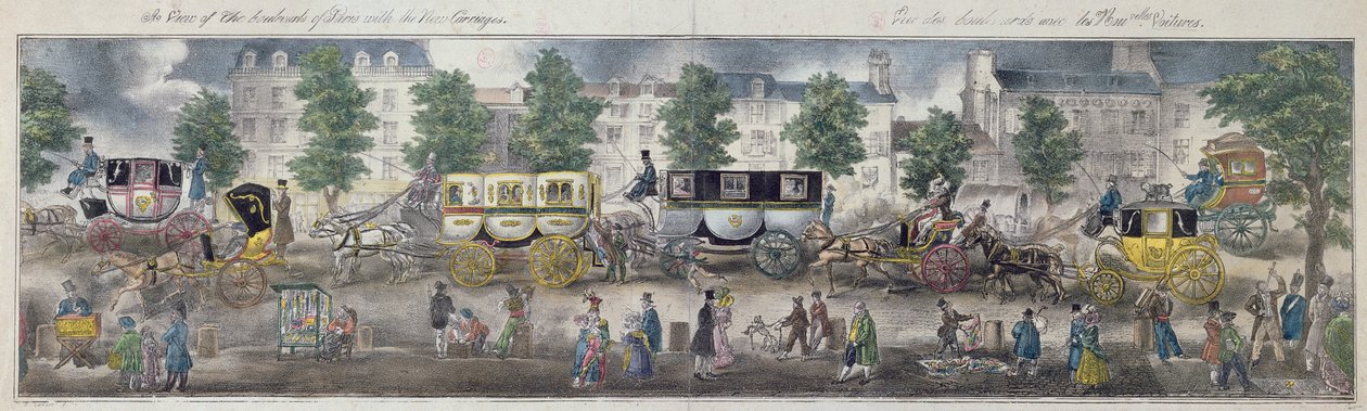 Widok na bulwary Paryża z nowymi powozami, 1828 (kolor grawerowany) autorstwa English School