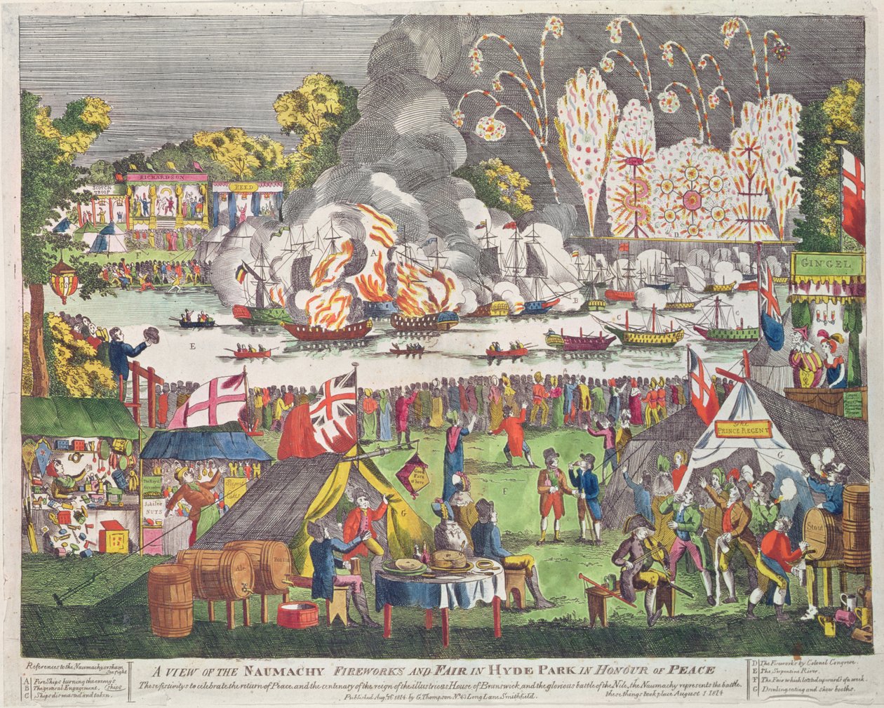 A View of the Naumachy, Fireworks and Fair in Hyde Park in Honor of Peace, opublikowane przez G. Thompsona, 1814 autorstwa English School