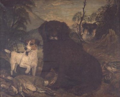 Spaniel wodny i dwa Jack Russells przy torbie dnia autorstwa English School