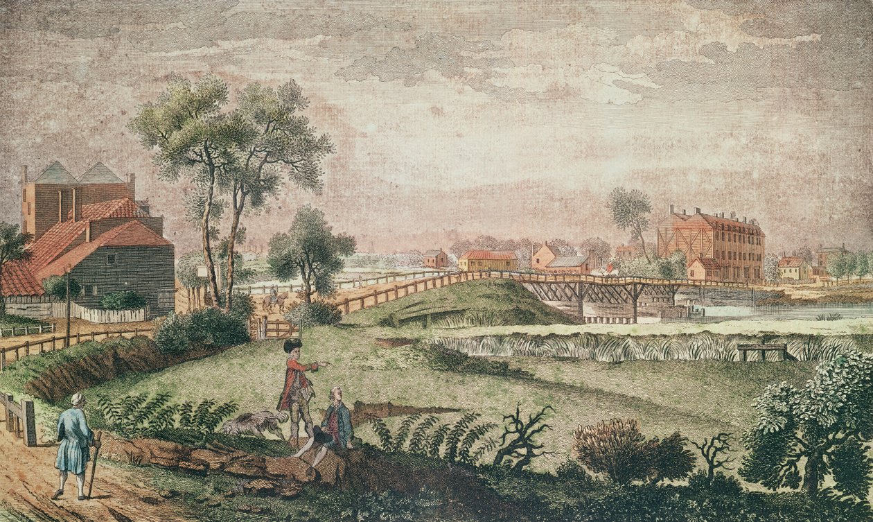 Widok z zachodu na most Chelsea, 1761 (kolor grawerowany) autorstwa English School