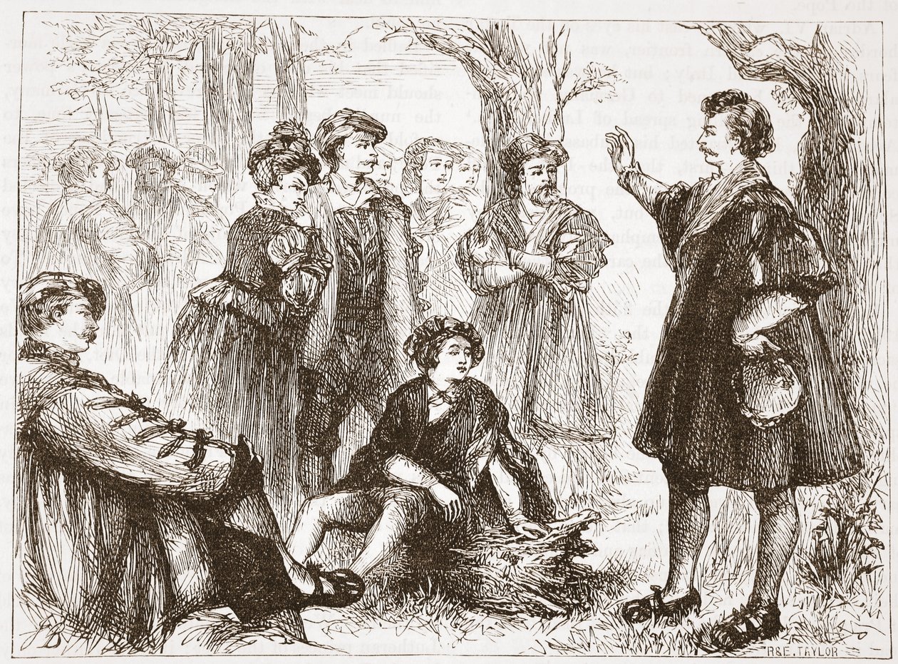 Głoszenie studenta z Witembergii na łące lipowej, ilustracja z Historii protestantyzmu Jamesa Aitkena Wyliego (1808-1890), wyd. 1878 autorstwa English School