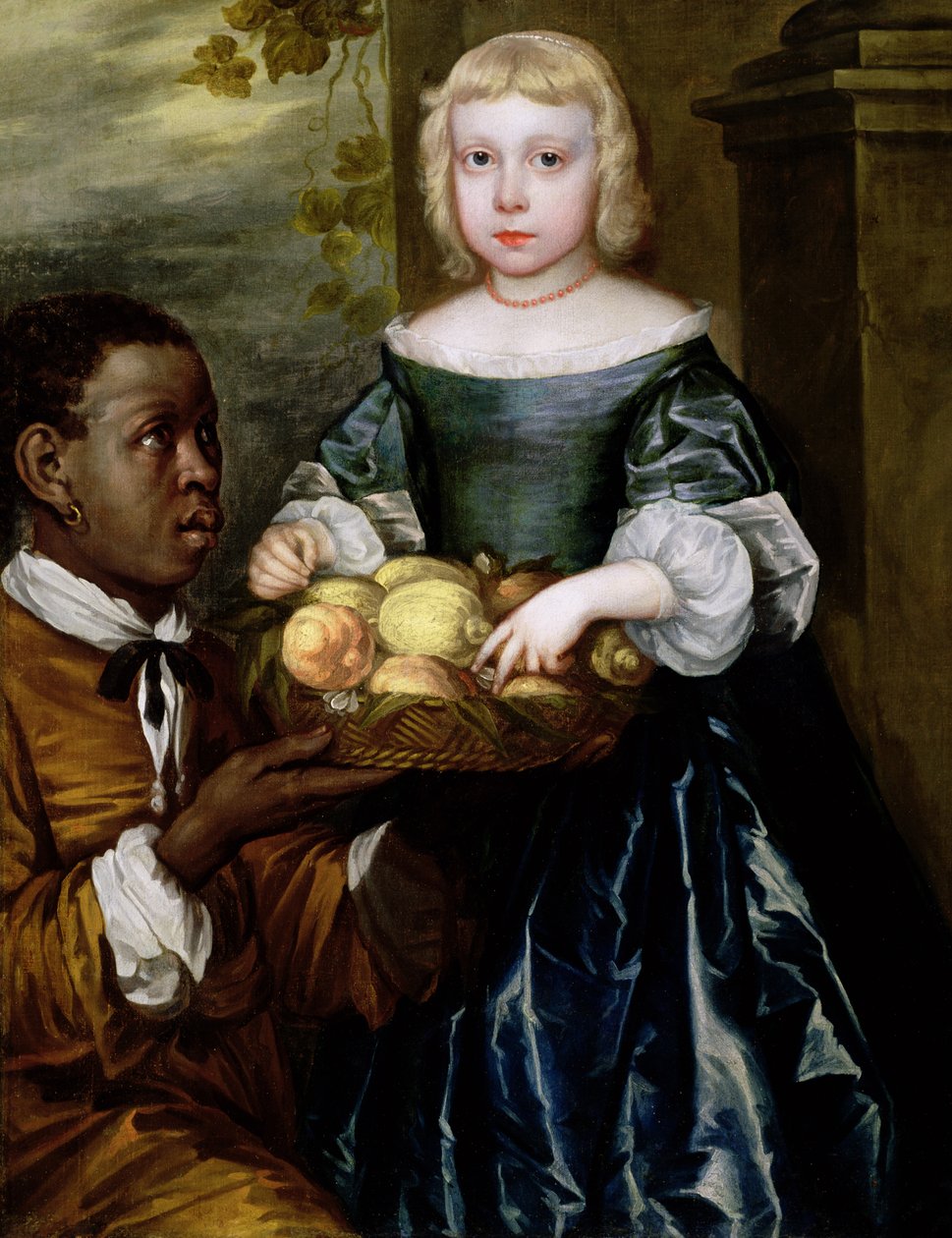 Sługa ofiarowała młodej dziewczynie kosz owoców, ok. 1650 r autorstwa English School