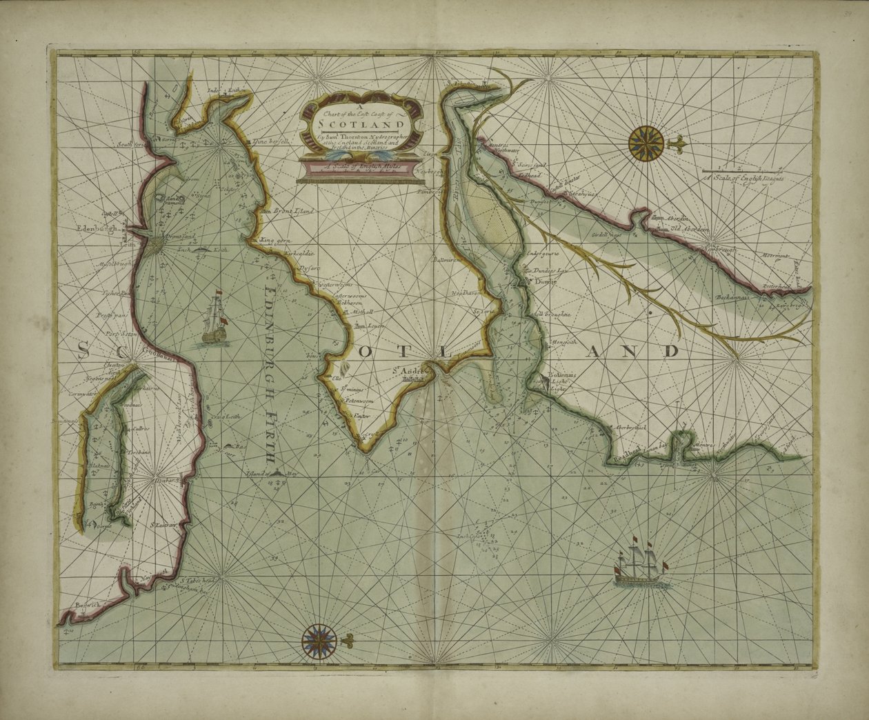 Mapa wschodniego wybrzeża Szkocji z atlasu morskiego zawierającego hydrograficzny opis większości wybrzeży znanych części świata autorstwa Samuela Thorntona, 1707 r. (druk ręcznie kolorowany) autorstwa English School