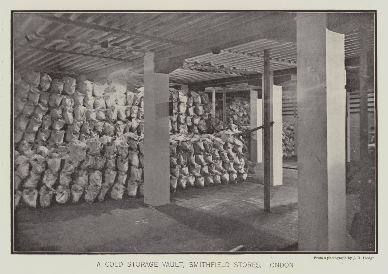 Chłodnia składowa, Smithfield Stores, Londyn (zdjęcie czarno-białe) autorstwa English School