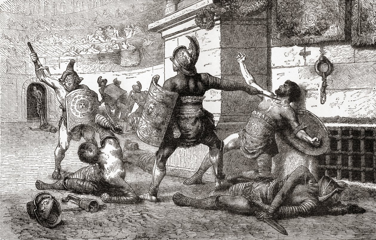 Walka między gladiatorami w starożytnym Rzymie, z ilustrowanej historii świata Warda i Locka, wyd. ok. 1882 r. autorstwa English School
