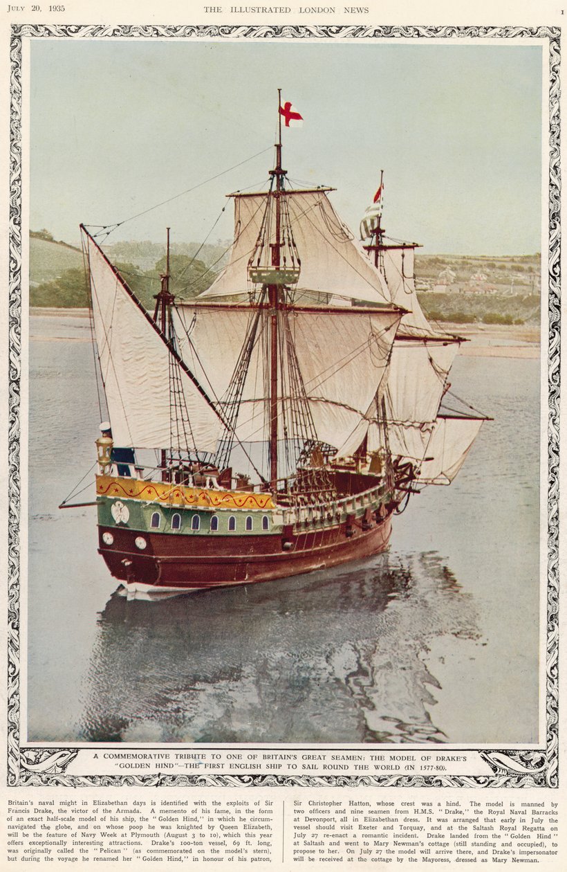 Pamiątkowy hołd dla jednego z wielkich brytyjskich marynarzy: model Drakes Golden Hind, pierwszego angielskiego statku, który opłynął świat w latach 1577-80, z The Illustrated London News Royal Naval i Mi autorstwa English School