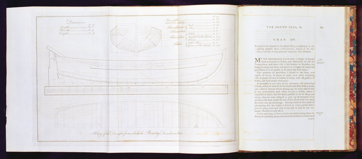 Kopia szkicu, na podstawie którego zbudowano statek Bountys, z Podróży na Morze Południowe, autorstwa Williama Bligha (1754-1817), grawerowana przez Mackenzie, opublikowana w 1792 r. (patrz także 174207, 174209) autorstwa English School