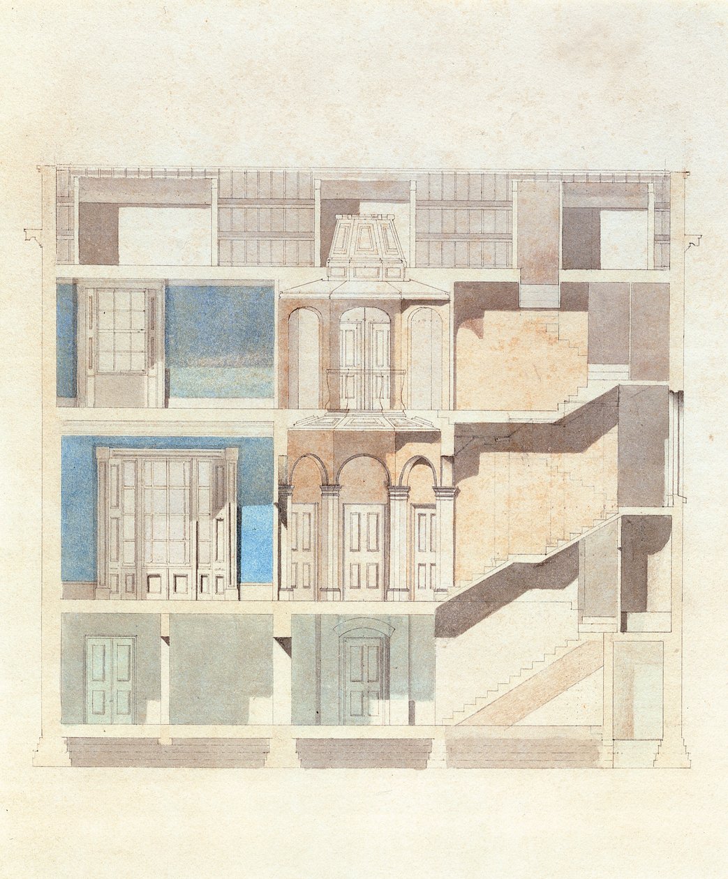 Projekt przekrojowy do wnętrza klasycznej kamienicy, ok. 1840 r. (wc z piórem i atramentem) autorstwa English School
