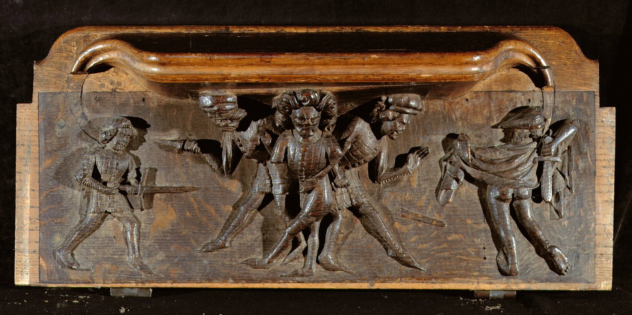 Uszkodzony mizerykorda przedstawiająca trzech mężczyzn walczących sztyletami i mieczami, New College Chapel, Oxford, koniec XIV wieku (drewno) autorstwa English School