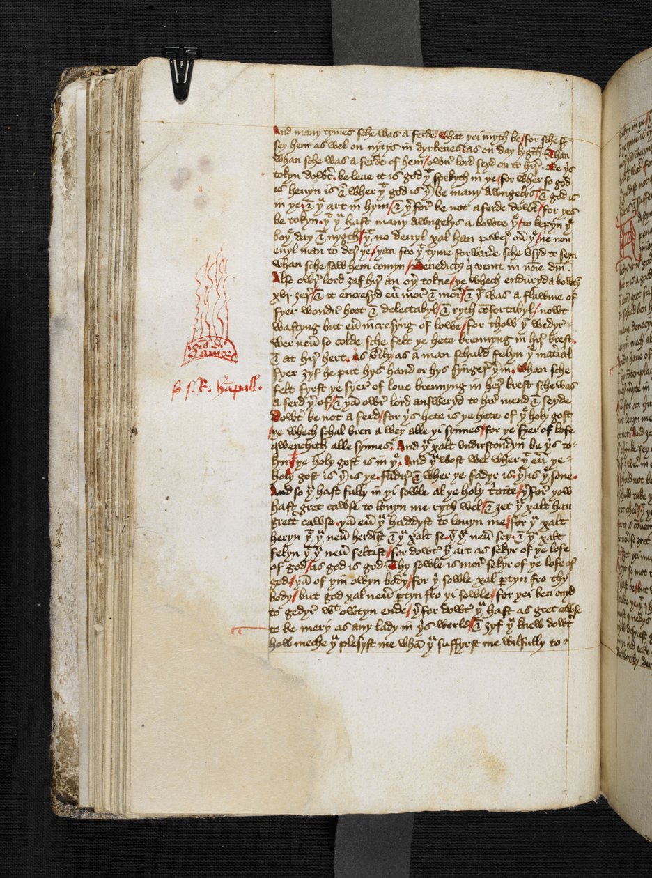 Płomień przedstawiający "ignis divini amoris" z Księgi Margery Kempe, Add MS 61823 f.43v, ok. 1445-50 (pióro i tusz na pergaminie) autorstwa English School