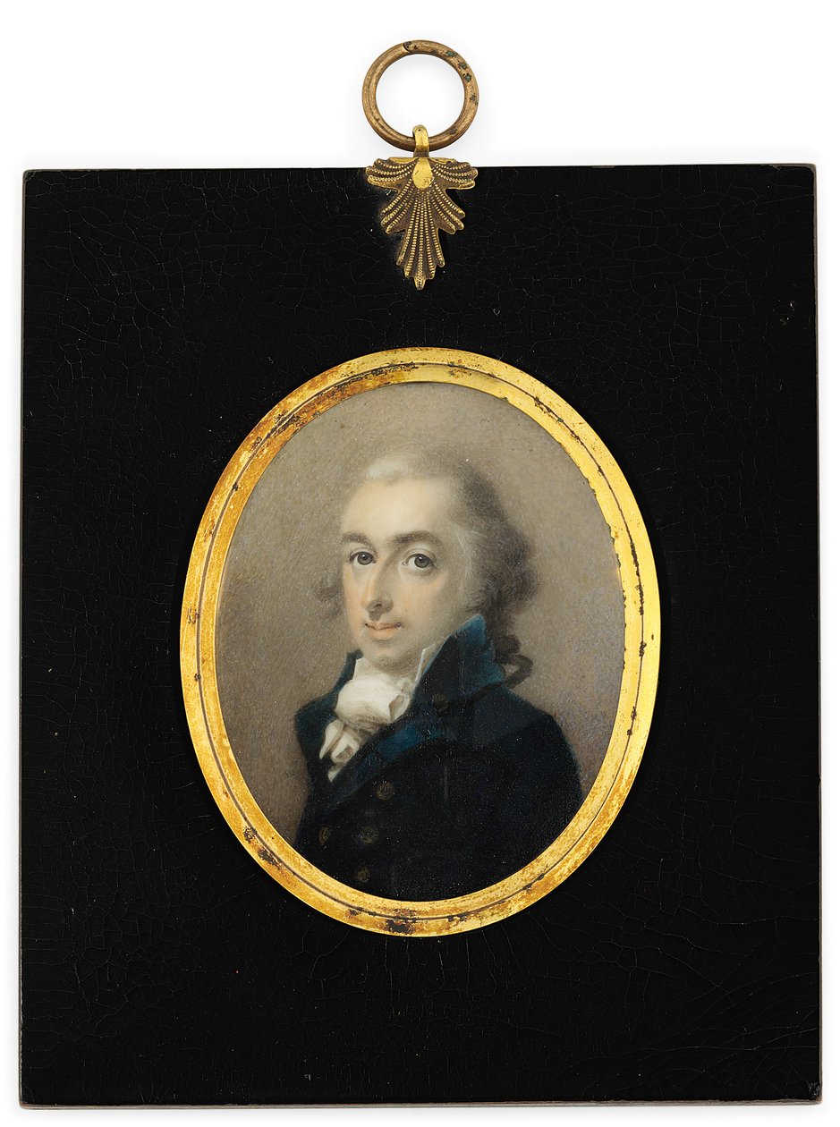 Pan Pryce Edwards w niebieskim płaszczu, białym krawacie i pudrowanej peruce (akwarela na kości słoniowej w oprawie z ebonizowanego drewna) autorstwa English School