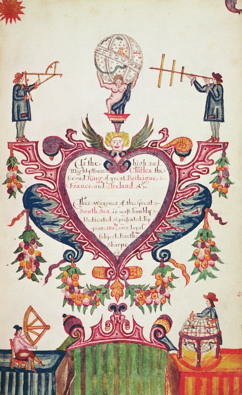Dar poświęcony Karolowi II przez Bartłomieja Sharpa, ok. 1681 (pióro, atrament i toaleta) autorstwa English School