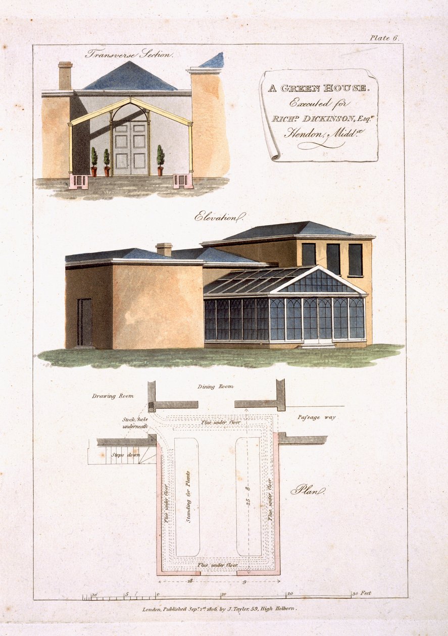 Szklarnia z gotyckimi detalami połączona z neoklasycznym domem dla Richarda Dickinsona Esq w Hendon, Middlesex, 1806 autorstwa English School